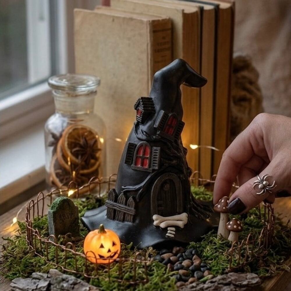 Halloween Witch Hat Mini House Figurine Polyresin Decor Spooky Fairy Garden 5"